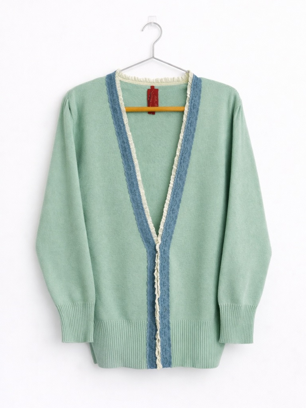 American Exchange Mint Green Cardigan with Blue and Cream Trim